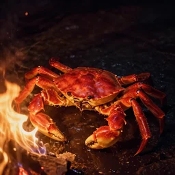crab - cosplay, in 2 0 1 2, bathed in the the glow of a fire, royalcore, crabcore, low - light photograph, photography by tyler mitchell