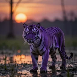 sunset photo of a purple tiger in a swamp in the dark sunset, fur with mud, muddy fur, 300 mm depth of field bokeh