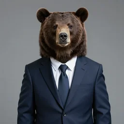 a bear is wearing a suit in a professional photo
