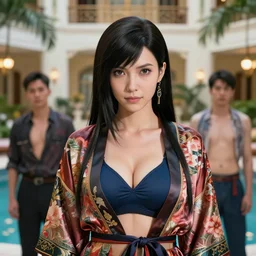 tifa lockhart portrait, flowery silk robe and decollete bra, art by artgerm, wlop, loish, ilya kuvshinov, 8 k realistic, hyperdetailed, beautiful lighting, fancy hotel, pool, tropical, detailed background, depth of field, symmetrical face, frostbite 3 engine, cryengine,