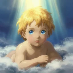 a young boy with cherubic features including blond hair and blue eyes strands as the second messiah. A light shines down on him from Heaven. By Nikolay Makovsky, Craig Mullins, Katsuhiro Otomo