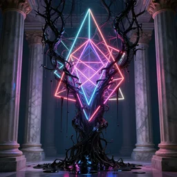 genesis by alex grey, vines dripping black iridescent liquid, geometric neon, moody, dramatic, introspective, marble columns in background, transcendent, vibrant color, clean linework, finely detailed, 4 k, trending on artstation, photorealistic, volumetric lighting, octane render