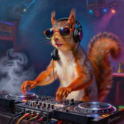 low angle photo of a squirrel dj in colored sunglasses, stadning at a dj table playing techno music at a dance club, headphones on ears, hyperrealistic, highly detailed, intricate, smoke, colored lights, concept art, oil painting, illustration, by charlie bowater, artgerm, jason felix