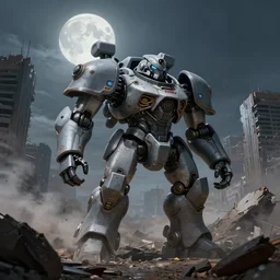 a very big grey giant mechanical weapons battle armor mechwarrior in the middle of war - torn battlefield of a crumbling city, dim sky, very big moon, some smoke, artstation, concept art, smooth, sharp focus, vivid grunge, illustration, superior quality, very detailed, 8 k, cinematic lighting, octane render,, wide angle, by bilibin and kuvsh