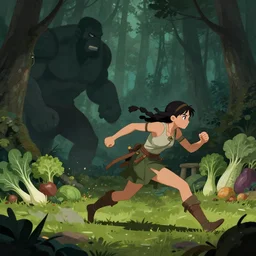 An illustration, of a Girl warrior in a dark forest chassing by geants vegetables. By James Jean. Trending on artstation