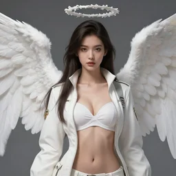 beautiful angel girl, white jacket, white bra, big white wings, highly detailed, d & d, fantasy, highly detailed, digital painting, trending on artstation, concept art, sharp focus, illustration, art by artgerm and greg rutkowski and fuji choko and viktoria gavrilenko and hoang lap