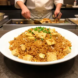 a photograph of the new tofu fried rice, chinese dish from my local chinese restaurant, cooked to perfection, chefs table, netflix, gourmet, three michelin star, food photography