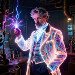 nikolai tesla in his lab, glowing jacket, electrical arcs, neon glow, highly detailed, digital art, intricate, dramatic lighting, steampunk, neon colors, cinematic, art by norman rockwell, greg rutkowski, caravaggio, artgerm