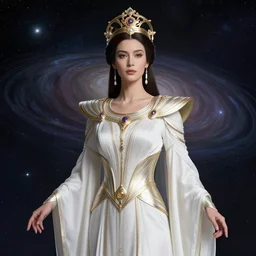 portrait of the powerful empress of the solar system in the style of alberto vargas and in the style of kim jung gi. glowing, ornate and intricate linework, stunning, dynamic lighting, ultrafine and hyperdetailed.