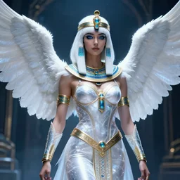 perfect white haired egyptian goddess wearing white dove wings, warframe armor, regal, attractive, ornate, sultry, beautiful, ice queen, half asian, pretty face, blue eyes, detailed, scifi platform, 4 k, ultra realistic, epic lighting, android body, illuminated, cinematic, masterpiece, art by akihito tsukushi, voidstar