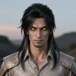 Photo of the character with pale ash-colored skin, yellow cat-eyes with vertical pupils, black thick hair with a touch of gray to the shoulders, with neat stubble, similar to a small beard and with a strong build. He wore a plain old shirt, with a light leather armor, male, elegant,  digital fantasy art, hands straight down, insane,  under light, at late evening by greg rutkowski and thomas kinkade, Trending on artstation