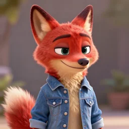 portrait of cute female anthropomorphic red wolf wearing a denim jacket, in the style of zootopia, volumetric light, artstation, concept art, 8 k, high detail, perfect, sharp focus