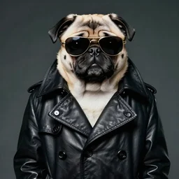 portrait of a pug as neo from the matrix ( 2 0 0 3 ), the matrix, neo, pug wearing sunglasses and leather trenchcoat photo