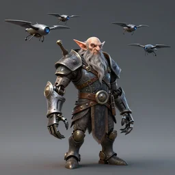 dwarfish artificer with a mechanical arm and drones flying over his head. dungeons and dragons, highly detailed, digital painting, artstation, concept art, sharp focus, illustration, art by Leonardo da Vinci and Michelangelo and Botticelli