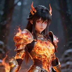 portrait focus of knight beautiful 3D anime girl, fire armor wearing, dark forest background, snowing, bokeh, inspired by Masami Kurumada, digital painting, high contrast, unreal engine render, volumetric lighting, high détail