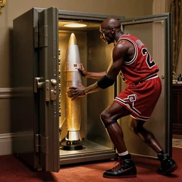 michael jordan retrieving nuclear missile launch codes from his safe in mar - a - lago, hyper realistic, ambient lighting, concept art, intricate, hyper detailed, smooth, volumetric lighting, octane