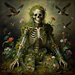 'Life from death' A horrifyingly detailed aesthetic horror figure painting depicting 'A mossy glass skeleton with plants and flowers growing all over it, birds and insects flying all around it' by giuseppe arcimboldo and Rembrandt, Trending on cgsociety artstation, 8k, masterpiece, cinematic lighting, highly detailed, vibrant colors.