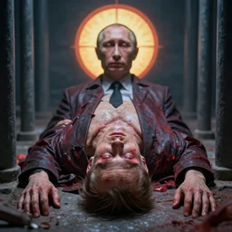 corpse of dead putin, prison, justice, hyper - realistic, sharp focus, depth of field, hyper - detailed visionary art, symmetric, hell, holy halo, dramatic ambient lighting, high detail, vibrant colors, the thing 1 9 8 2