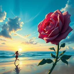portrait, giant rose flower head, woman running at the beach, surreal photography, sunrise, blue sky, dramatic light, impressionist painting, digital painting, artstation, simon stalenhag