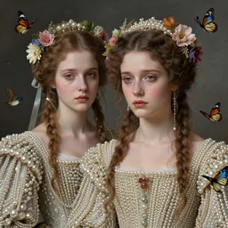 beautiful, two young women, in renaissance times, detailed gorgeous face, sad eyes, vaporwave aesthetic, synthwave long luxurious gown made out of pearls, hair done up with flowers and ribbons, digital art, butterflies, birds, digital painting, artstation, concept art, smooth, sharp focus, high definition, highly detailed illustration, art by artgerm and greg rutkowski and alphonse