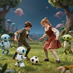 detailed, sharp, a boy and a girl and with their cute pet humanoid robot are playing soccer with three friendly humanoid aliens, wearing 1850s era clothes, in a park on a strange alien planet, extremely highly detailed, 70 mm action still from a classic period sci fi color movie, 8k, HD, cinematic lighting