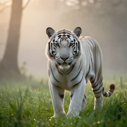 beautiful photo of a white tiger in a rain forest in the early hours of the morning with morning fog and dew on the grass. sunrise. nature. photography. national geographic. detailed face and fur, ultra hd, sharp. volumetric lighting, hasselblad. nikon z 9. 1 0 0 mm. f / 2. 5