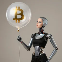 female android holding a mylar party balloon of the bitcoin symbol