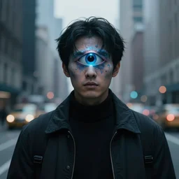 man with a third eye, eerie, cinematic, in new york city