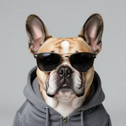 portrait of french bulldog in hoodie with sunglasses by greg hildebrandt and michael hutter