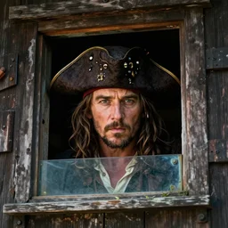 russell crowe with large pirate hat peering out concerned down to camera from a small glass window in a wooden wall
