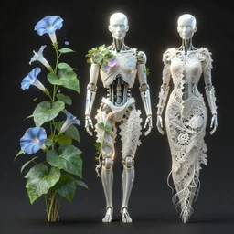 stell 3 d model, biomechanical male cyborg with a porcelain translucent profile face and a lcd eyes, analog, big leaves foliage and stems, morning glory flowers, hibiscus flowers, boho floral vines, sinuous fine roots, fine filigree foliage lace, alexander mcqueen, rim light, art nouveau fashion embroidered, steampunk, redshift render, 8 k