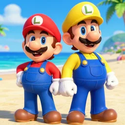 yearbook photo of Mario and Luigi summer beach smiling