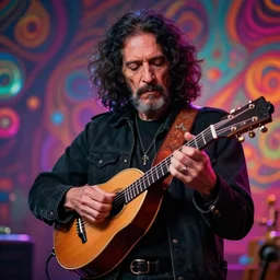 hyper realistic jerry Garcia playing mandolin concept art psychedelic 4K cinematic lighting Smokey