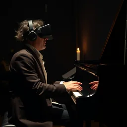 beethoven composing at the piano, wearing a vr headset, dim lighting, dark room, candle light