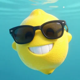 a single delicious lemon with cool sunglasses and a big smile with teeth floating underwater, digital art, concept art, trending on DeviantArt, trending on Artstation, high quality, 8K HDR, octane render, unreal engine 5, path tracing, dramatic lighting, cinematic, highly detailed