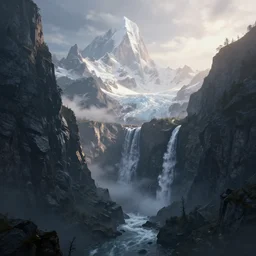 beautiful render of a mountain world, unreal engine, first light, majestic cliffs, dark tower, waterfalls, raging rapids, towering peaks, snowy summits, icy glaciers, misty peaks, primal, soft light, by greg rutkowski, cgsociety