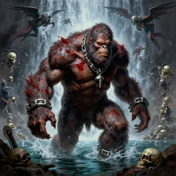giant monster shackled in styx river of the underworld, frank frank frazetta and cgsociety, stunning sasquatch, blood splatters, charlie bowater and tom bagshaw, insanely detailed, deviantart, space art, atoms surrounded by skulls, death, and spirits flying, water fall, horror, sci - fi, surrealist painting, by peter mohrbacher