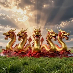 seven china dragon heads rising from the sea of blood, landscape, cinematic view, epic sky, detailed, concept art, low angle, high detail, warm lighting, volumetric, godrays, vivid, beautiful, trending on artstation, by jordan grimmer, huge scene, grass, art greg rutkowski