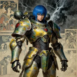 composition of gothic and futuristic young mainem, warhammer, cyber japan armor, more and more scars, thunderstorm, blue head, some yellow green and blue, the middle ages, highly detailed, artstation, in the style of moebius, jugendstil and classic japanese print, art by robert mccall and john berkey