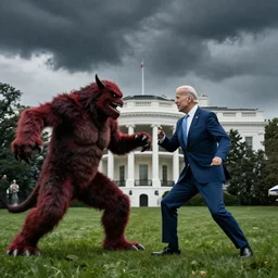 a predator monster battling joe biden on the white house lawn during a storm, dramatic