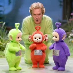 teletubbies playing with transparent ethereal jeff goldblum looking over them