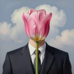 portrait of a faceless beautiful pink tulip flower - head man in a suit, clouds in the background, by rene magritte, detailed painting, distance, centered, hd, hq, high resolution, high detail, 4 k, 8 k