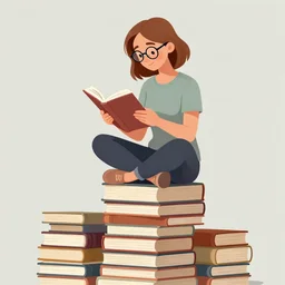 a woman with light brown and glasses sits cross legged on top of a tall pile of books. she is reading. clean pretty cartoon painting, beautiful detailed face.