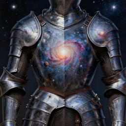 closeup of a knight's suit of armor, which is covered with the night sky filled with galaxies, stars, and planets. incredibly detailed art by james gurney, greg rutkowsky, gorgeous colors