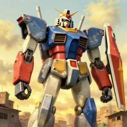 colourful - damaged - giant mecha ROBOT of AJEGUNLE SLUMS of Lagos, markings on robot, Golden Hour, in the style of studio Ghibli,