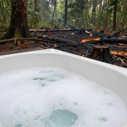 pristine porcelain bath filled with bubbles in a clearcut rainforest, slash and burn, cleared forest, deforestation, bath overflowing with bubbles, tree stumps, smouldering charred timber
