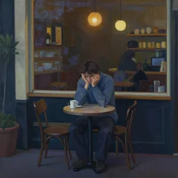 the melancholy of sitting alone at a cafe at night in the style of Australian tonalism