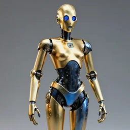 a full view of a female droid, gold, gloss black, blue, glossy, by android jones