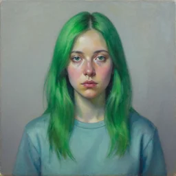 a schizophrenic woman with green hair wearing a cool shirt, by ross tran, oil on canvas