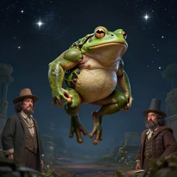 a muscular pepe frog jumps to the sky to become one with the stars, by victo ngai and taro okamoto and caspar david friedrich, full body portrait atmospheric lighting, intricate detail, cgsociety, hyperrealistic, octane render, rpg portrait, ambient light, dynamic lighting